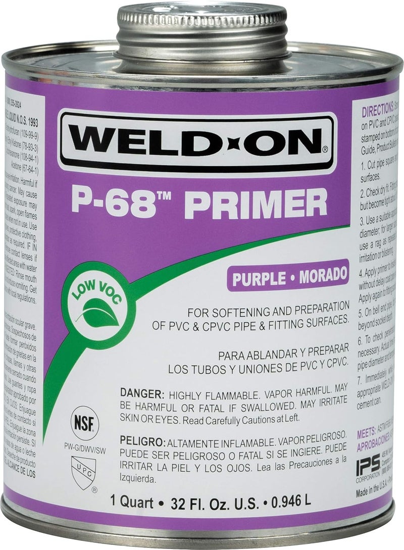IPS WELD-ON 10210 P-68 PVC/CPVC Non-Bodied Primer - Fast Acting and Low-VOC, Purple, 1 Quart (32 fl oz) - Image 5